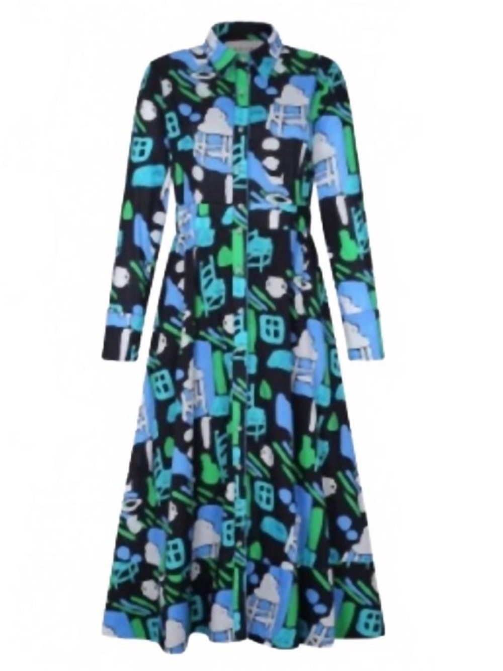De Loreta Maxi Dress Button Front Long Sleeves Abstract In Arcilla Azul Small